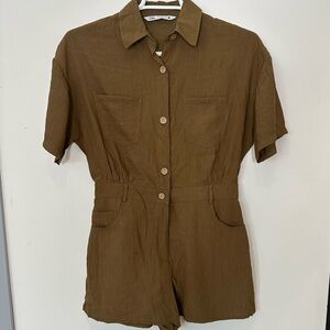 Zara Brown Button-Front Utility Romper - Short Sleeve women’s size S